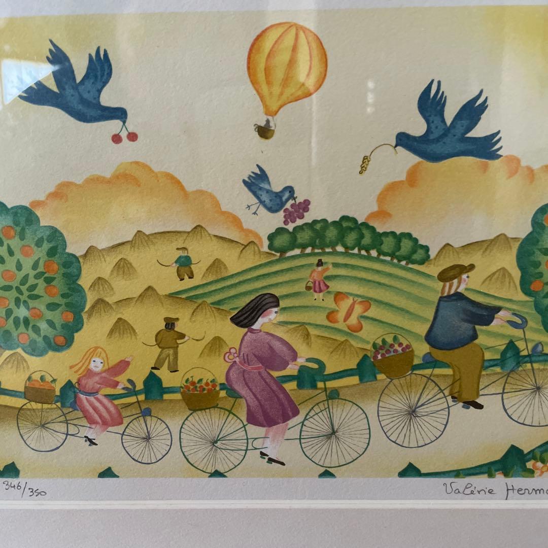 Valerie Hemmer リトグラフ　青い鳥　自転車　カップル　家族