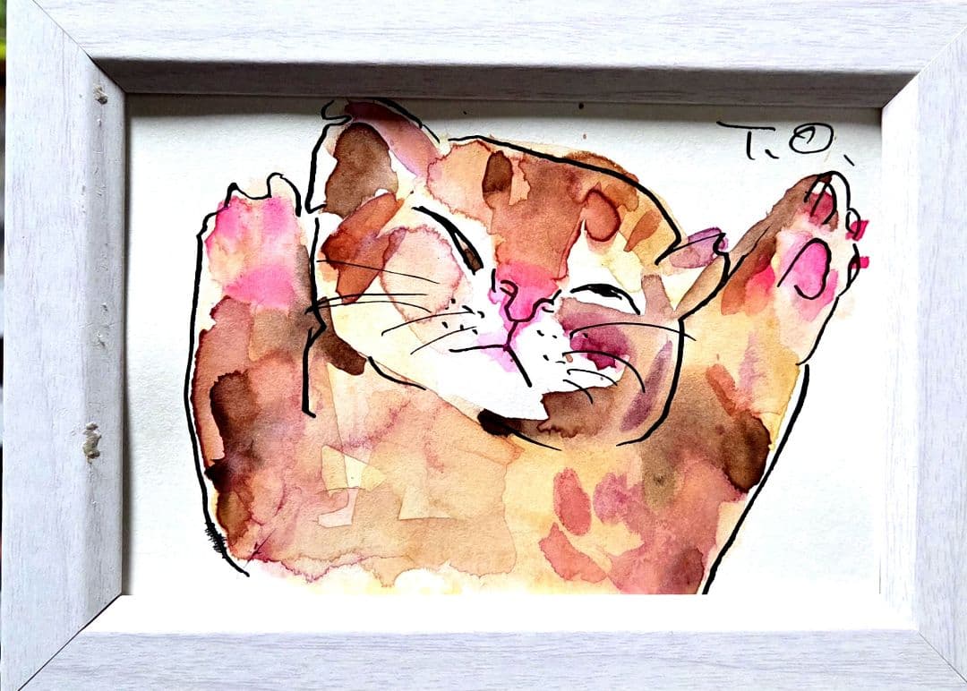 No2732ドローイング水彩画バンザイ猫 - メルカリ