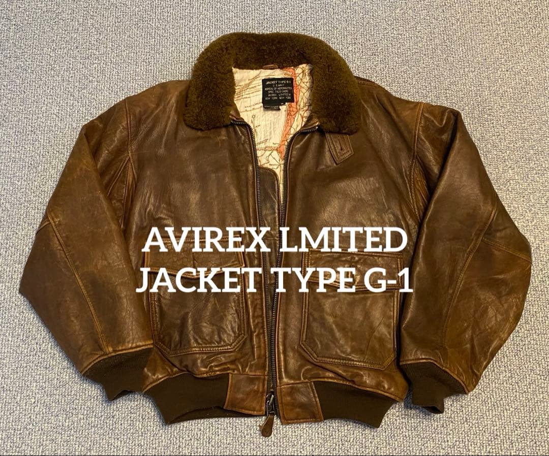 AVIREX レザー フライトジャケット G-1 裏総柄地図 襟•袖口•裾ボア