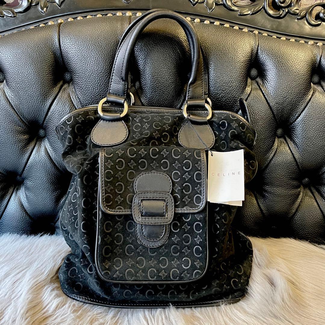 【美品】C E L I N E スエード ハンドバック マカダム柄 ブラック CELINE（セリーヌ） マカダム金具 トップハンドルバッグ ブランドオフ