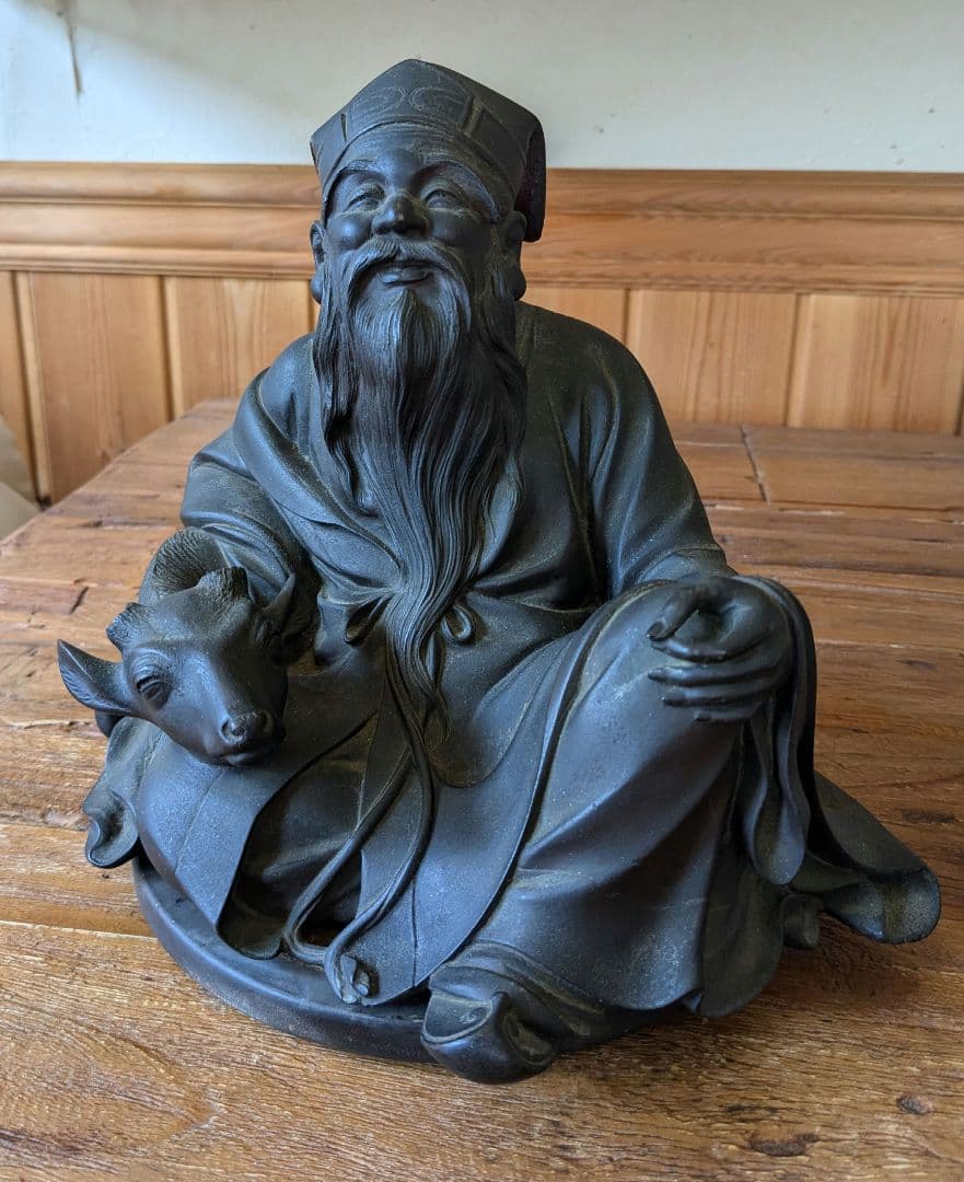 ブロンズ彫刻 時代物　金工師　老人像　鹿　山本孤山作　置物 ブロンズ像 | sumart