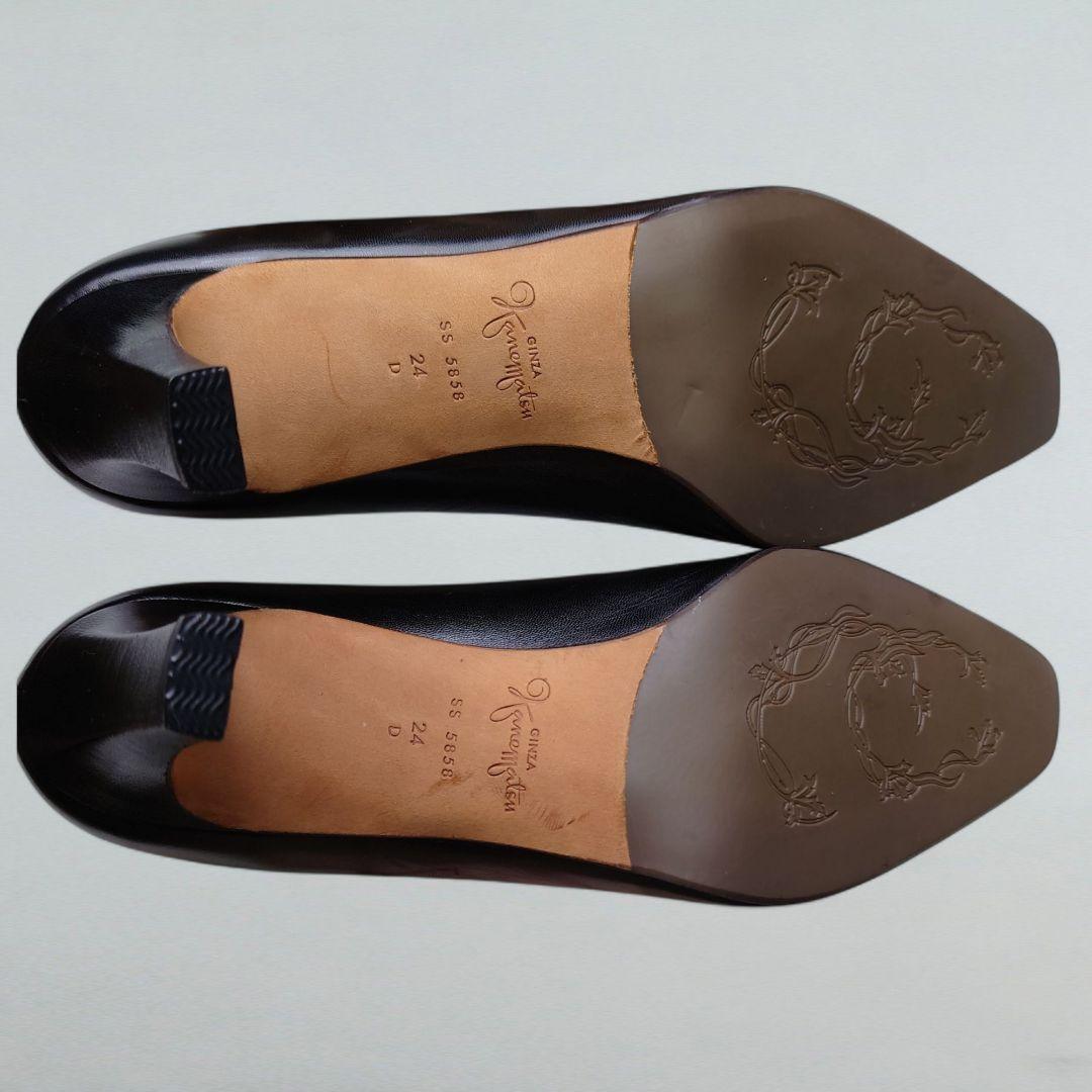 タグ付 銀座かねまつ パンプス スクエアトゥ 24cm 黒靴 本革