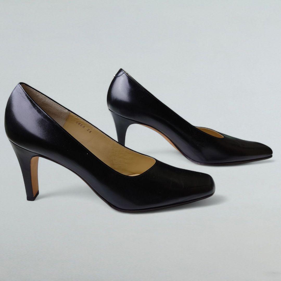 タグ付 銀座かねまつ パンプス スクエアトゥ 24cm 黒靴 本革