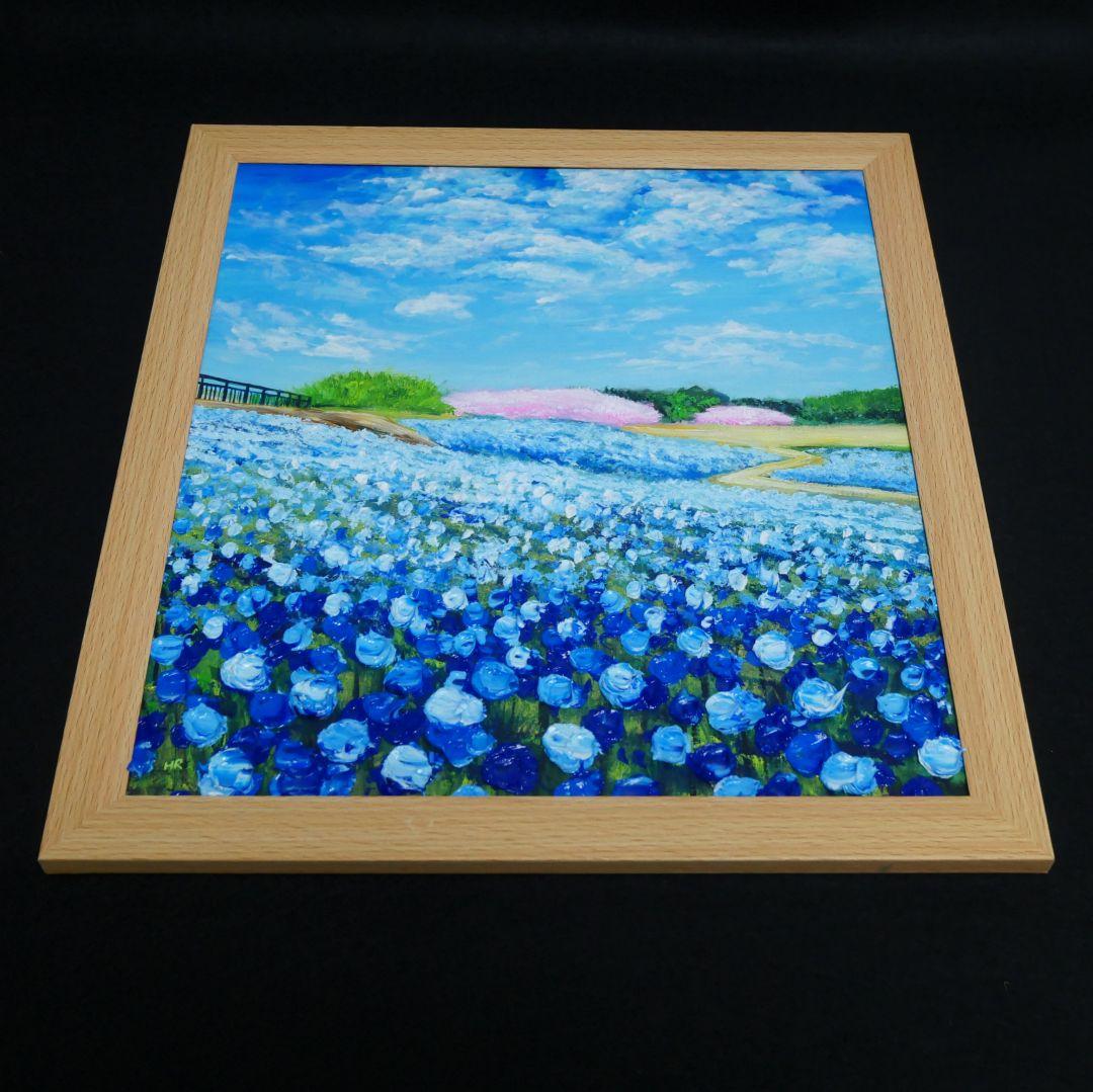 油絵 油彩 油彩画 絵 絵画 【ネモフィラと桜】 - メルカリ