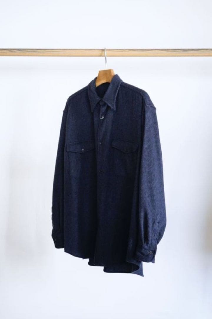 COMOLI W/CA ハウンドトゥース CPOシャツ　NAVY