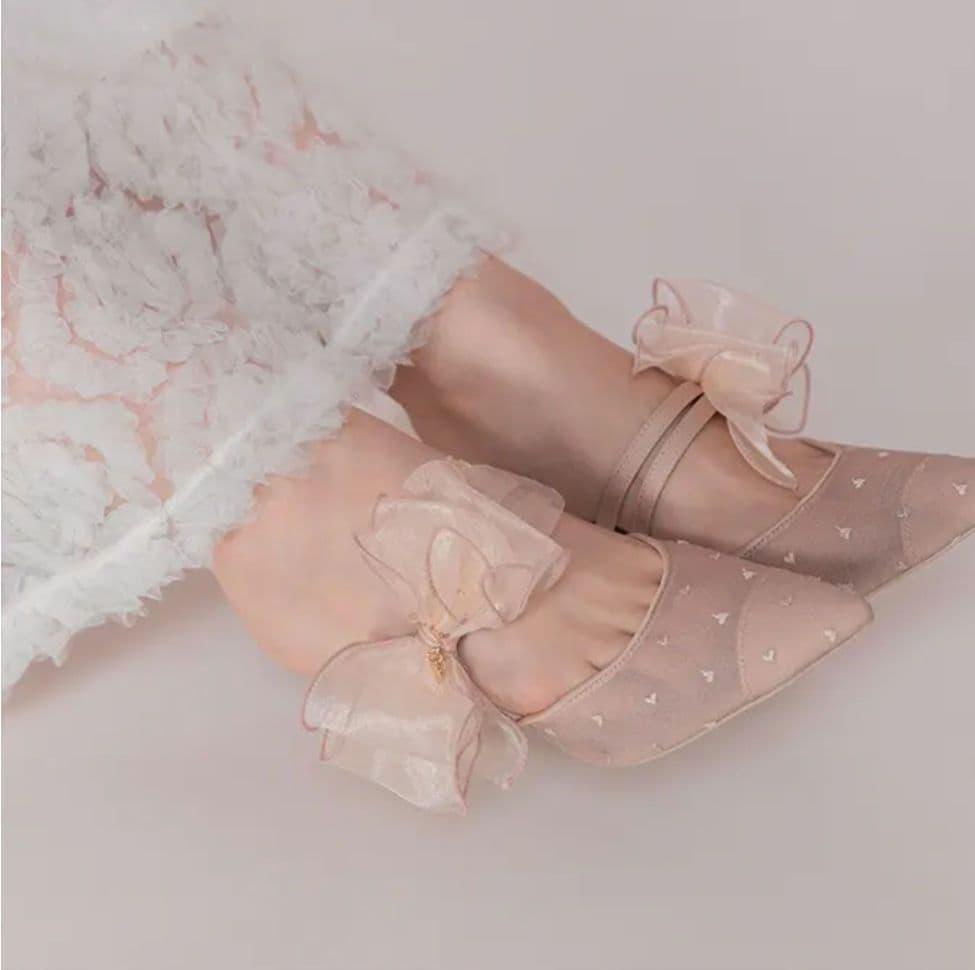 箱あり RANDA シフォンリボンハートパンプスピンクLL(24.5)