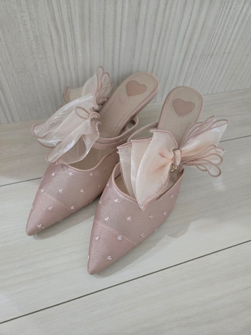 箱あり RANDA シフォンリボンハートパンプスピンクLL(24.5)