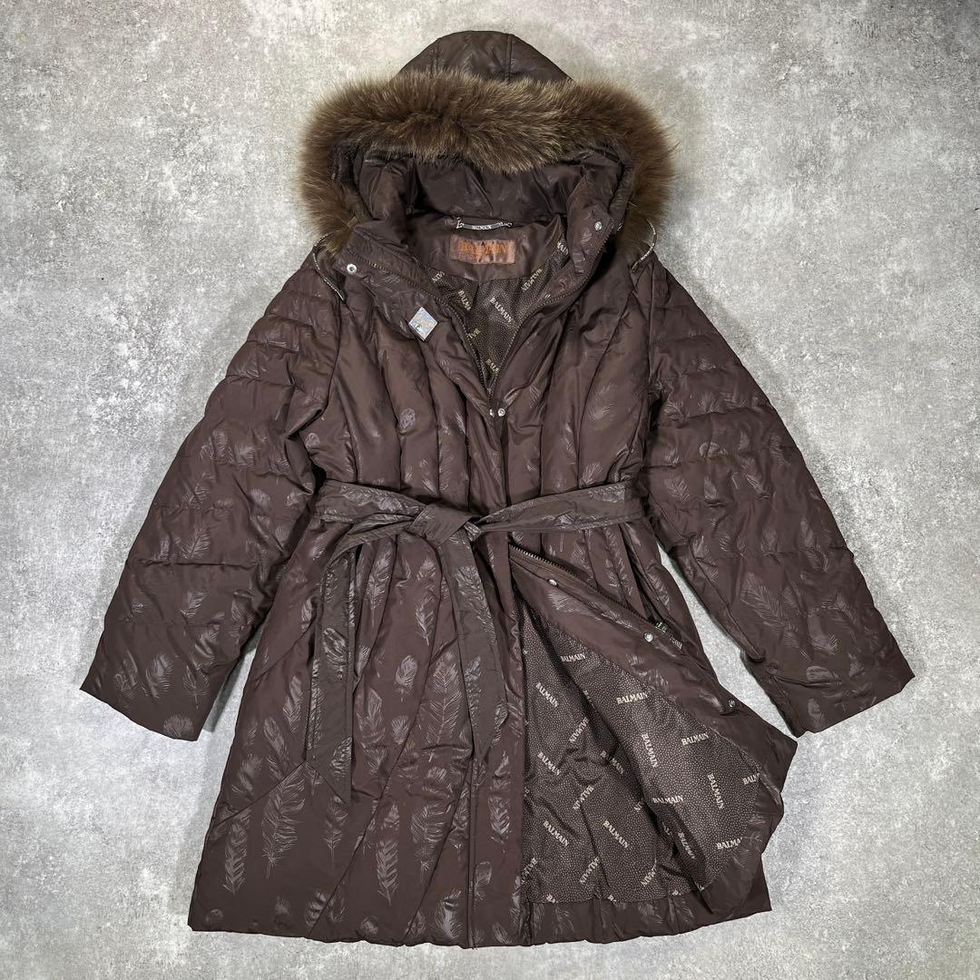 BALMAIN ダウンコート　ブラウン　フェザー L　フォックスファー　3way