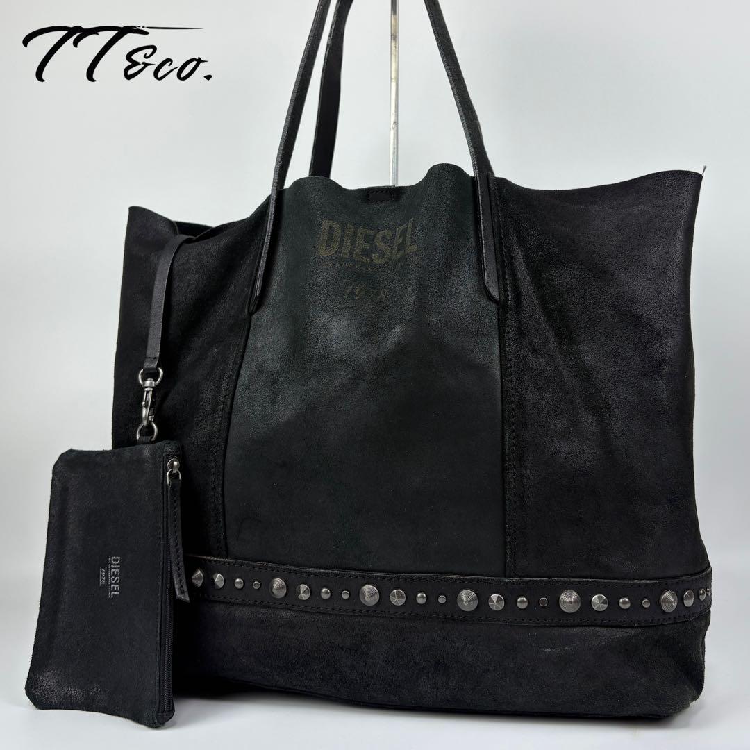 DIESEL　トートバッグ　スタッズ　ポーチ付き　レザー　スエード　ブラック