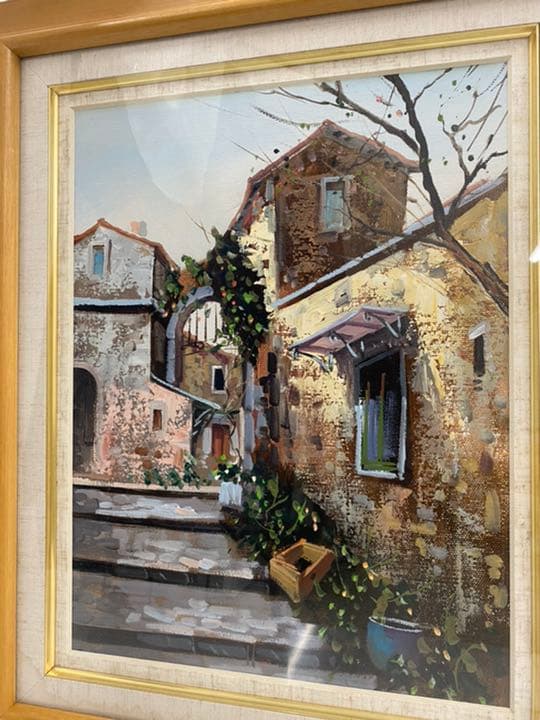 絵画・油絵・風景 絵画 インテリア絵 額付( 青緑＋金色の枠 )油絵 uF6-