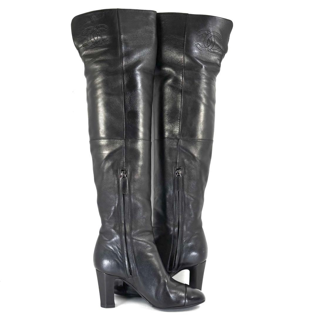 【CHANEL】シャネル（23.5cm）ニーハイブーツ ココマーク ラムスキン