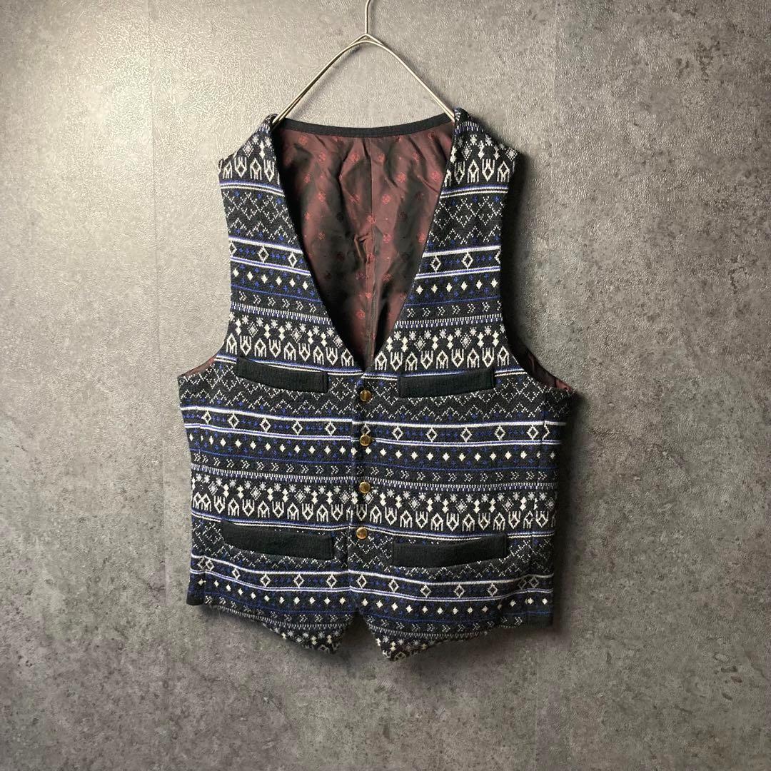 ヴィンテージ　ニットベスト　紺　総柄　裏地　デザイン　古着　レトロ