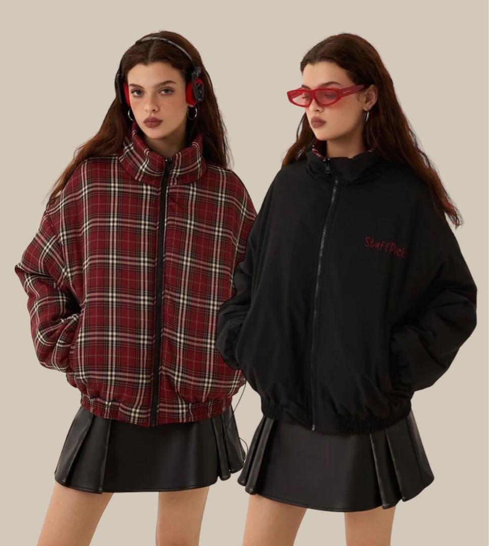 試着のみ / 地底人】リバーシブル ダウンジャケット 黒 赤 チェック柄