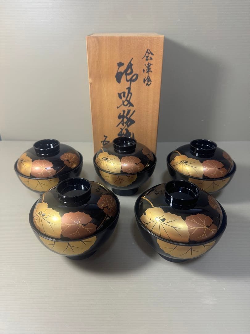 2547 会津塗り お吸い物椀　5客　未使用 未使用 会津塗 梅に流れ 吸い物椀5客 | うるしかぶれ
