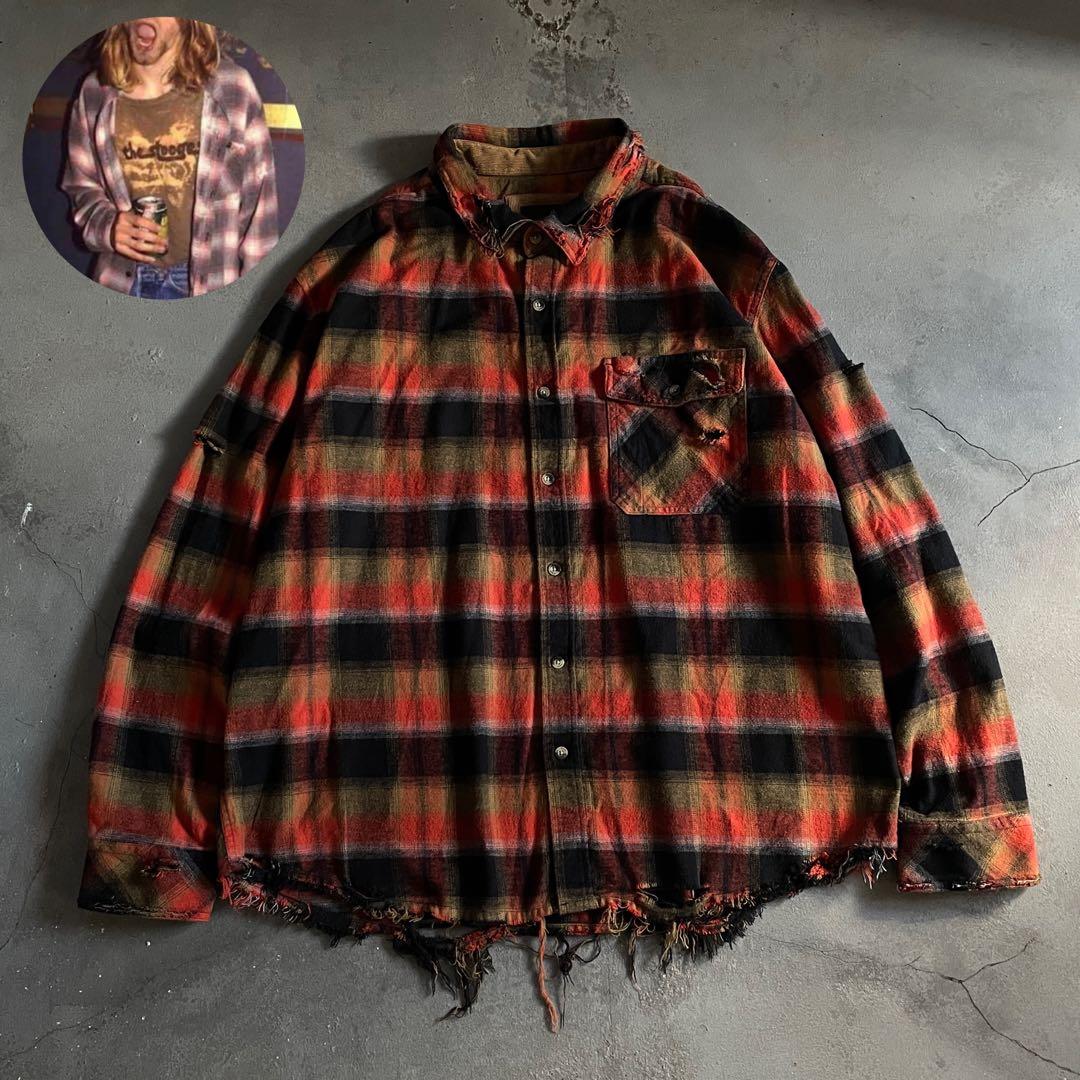 Y2k cqr weed grunge“襤褸”flannel shirt