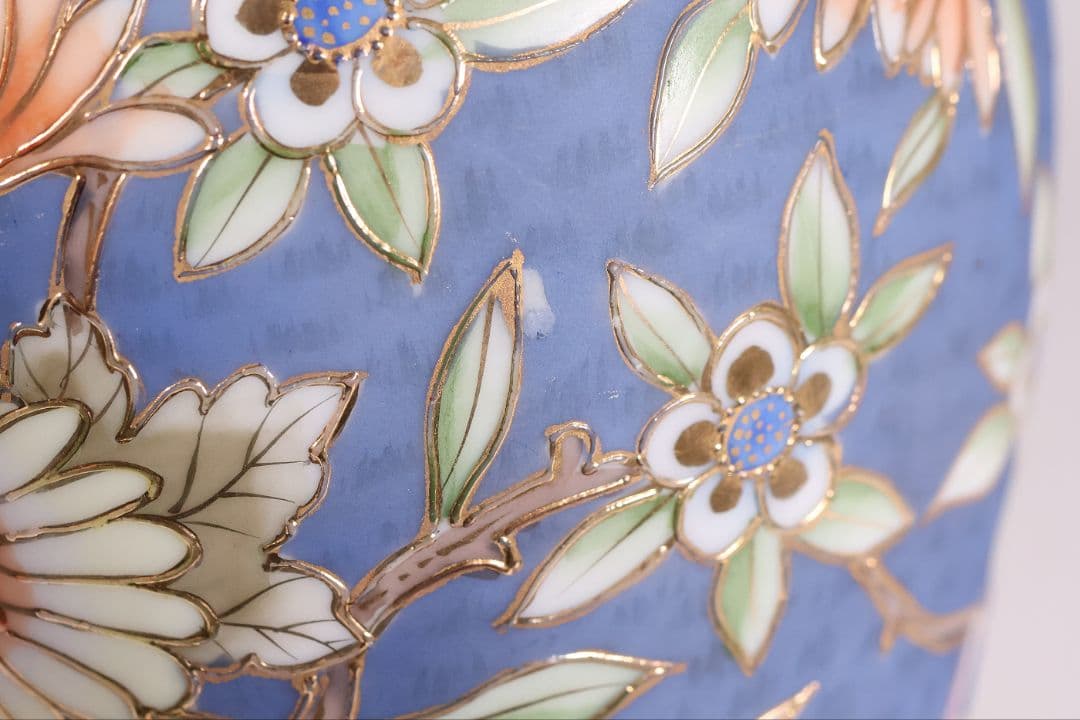 CM306】オールドノリタケ 草花 花瓶 高17.5cm 金彩 花入 青 明治