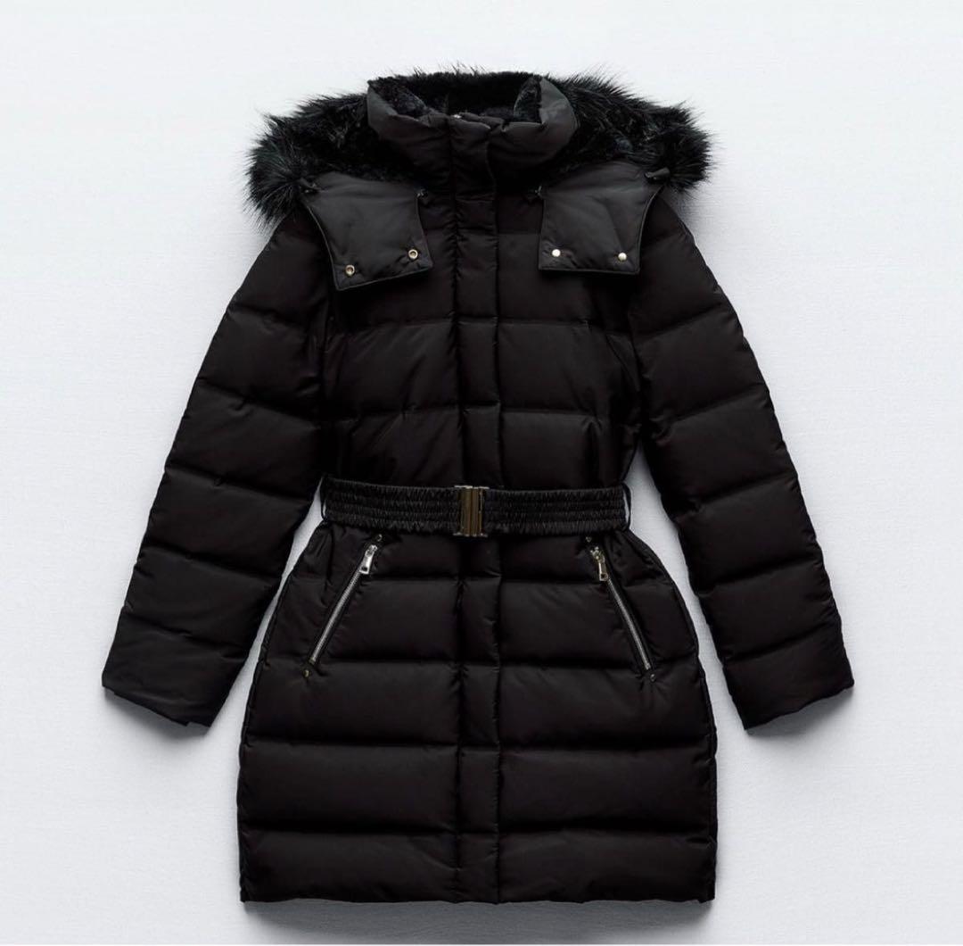 ZARA フード、ベルト付き　ダウンジャケット　ブラック　 M