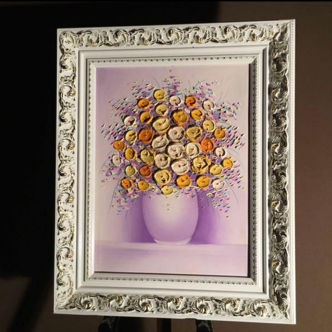 ★秀作★ 手書き油絵 立体花瓶の花 額付 絵画 インテリア 油彩画