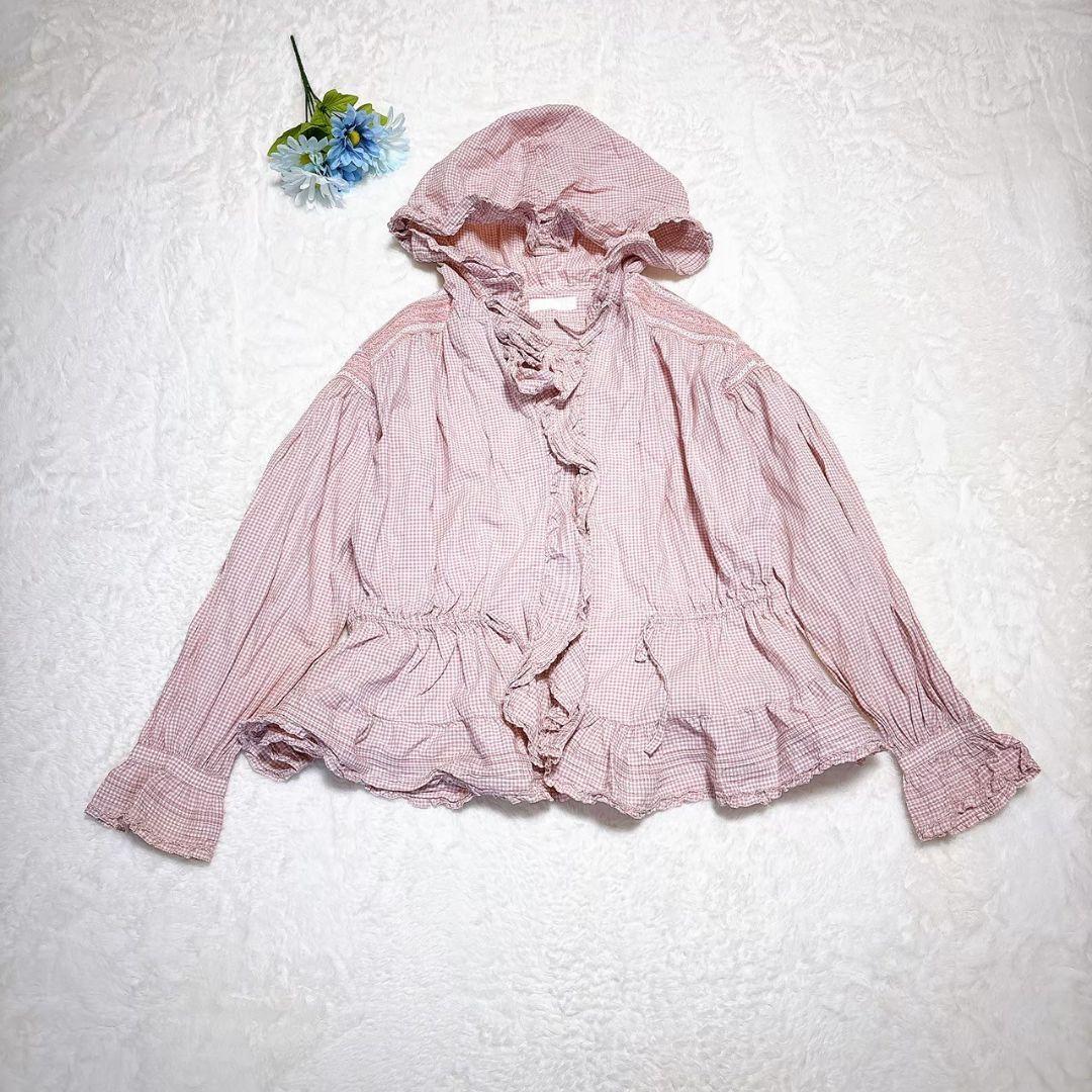 ピンクハウス　PINK HOUSE　ギンガムチェック　フリル　ブラウス　フード