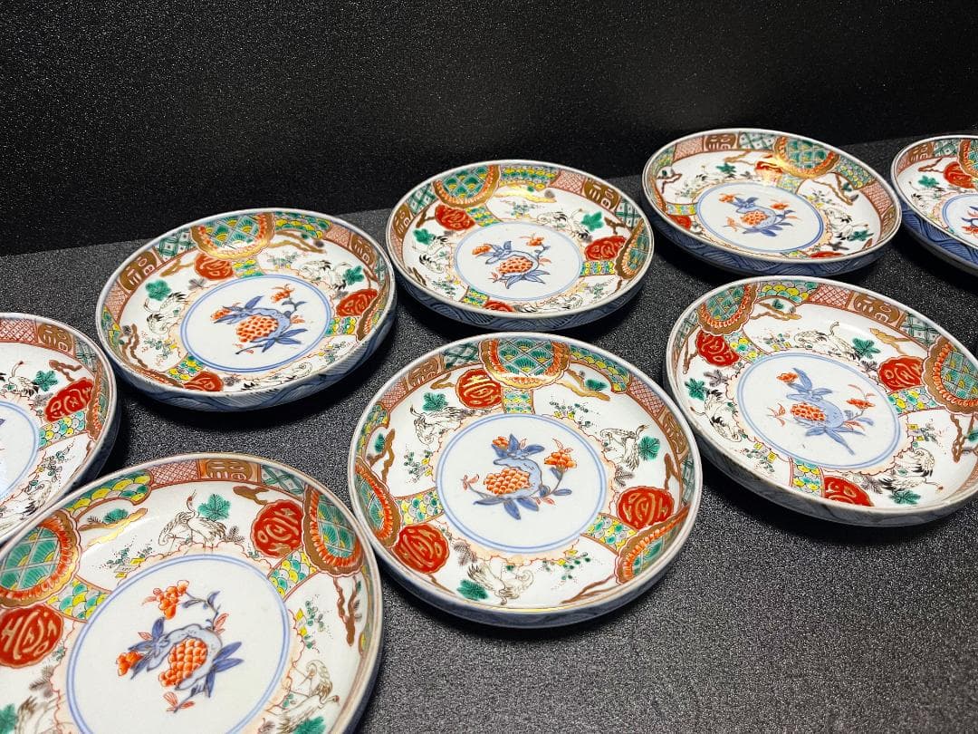 古伊万里　金襴手　金彩　松鶴図　銘々皿　皿　寿　9客