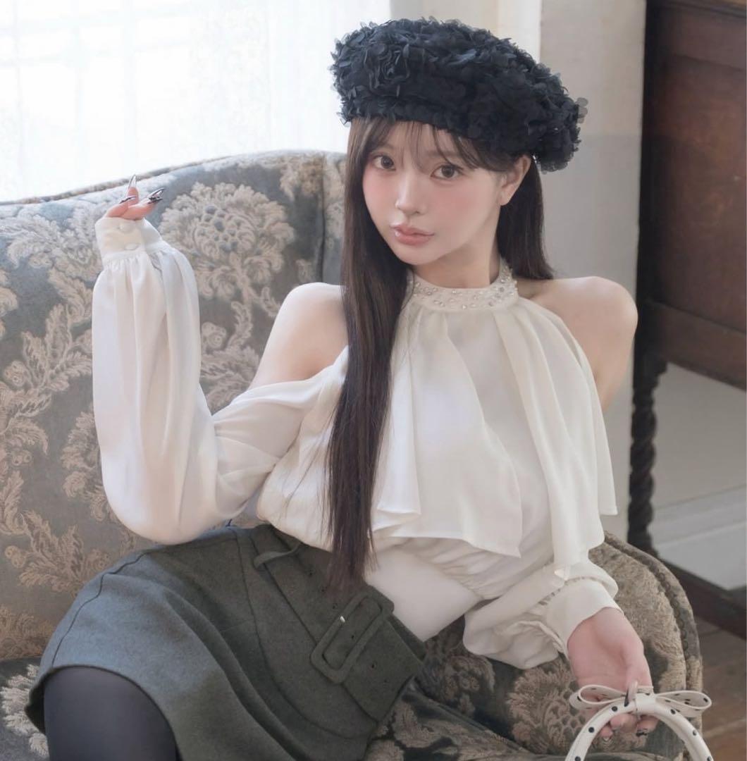 Darich ダーリッチ パールネックアメスリブラウス WHT