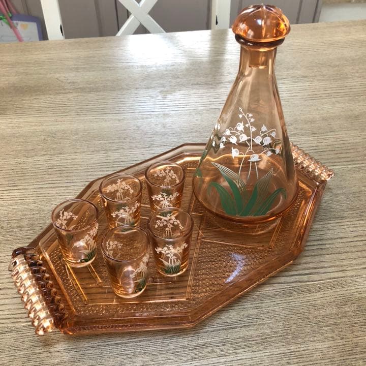 フランス アンティーク 鈴蘭のカラフェ リキュールグラス トレー