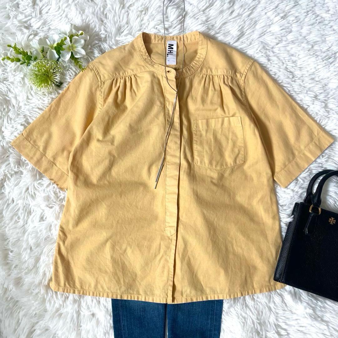 コットンリネン バンドカラーシャツ S イエロー MHL マーガレット