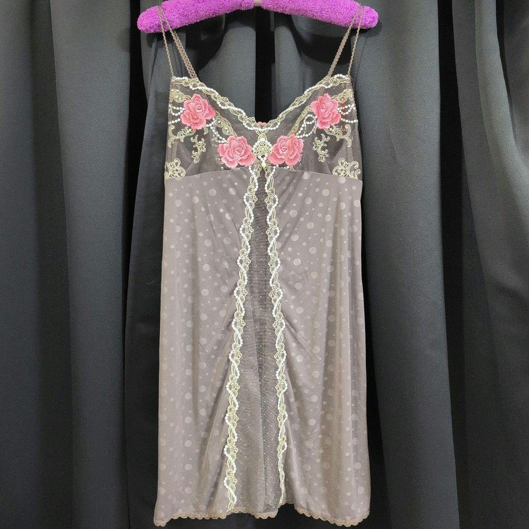 新品　サルート　薔薇刺繍　スリップ L　グレー　ドット柄