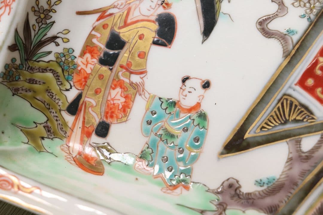 古伊万里 美人図 色絵 角皿 刺身皿 五客 人物 桜 小紋 明治期【MA424