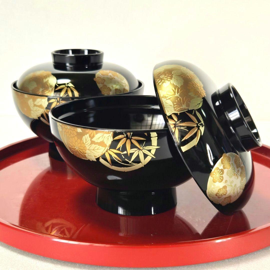 会津塗 漆器 金彩 蒔絵 高台寺 花丸 お吸物椀 5客 雑煮椀 汁椀 吸椀