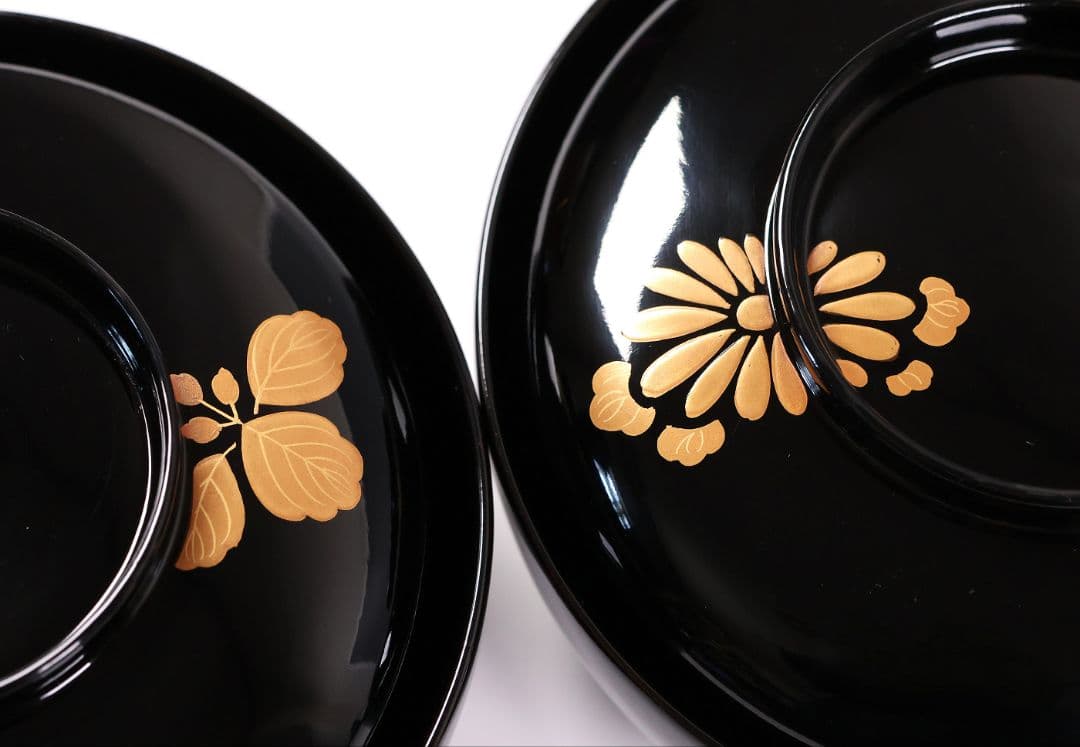 CM397】天然木漆塗 菊桐鳳凰金蒔絵 黒塗 煮物椀 二客 昭和期 木製漆器