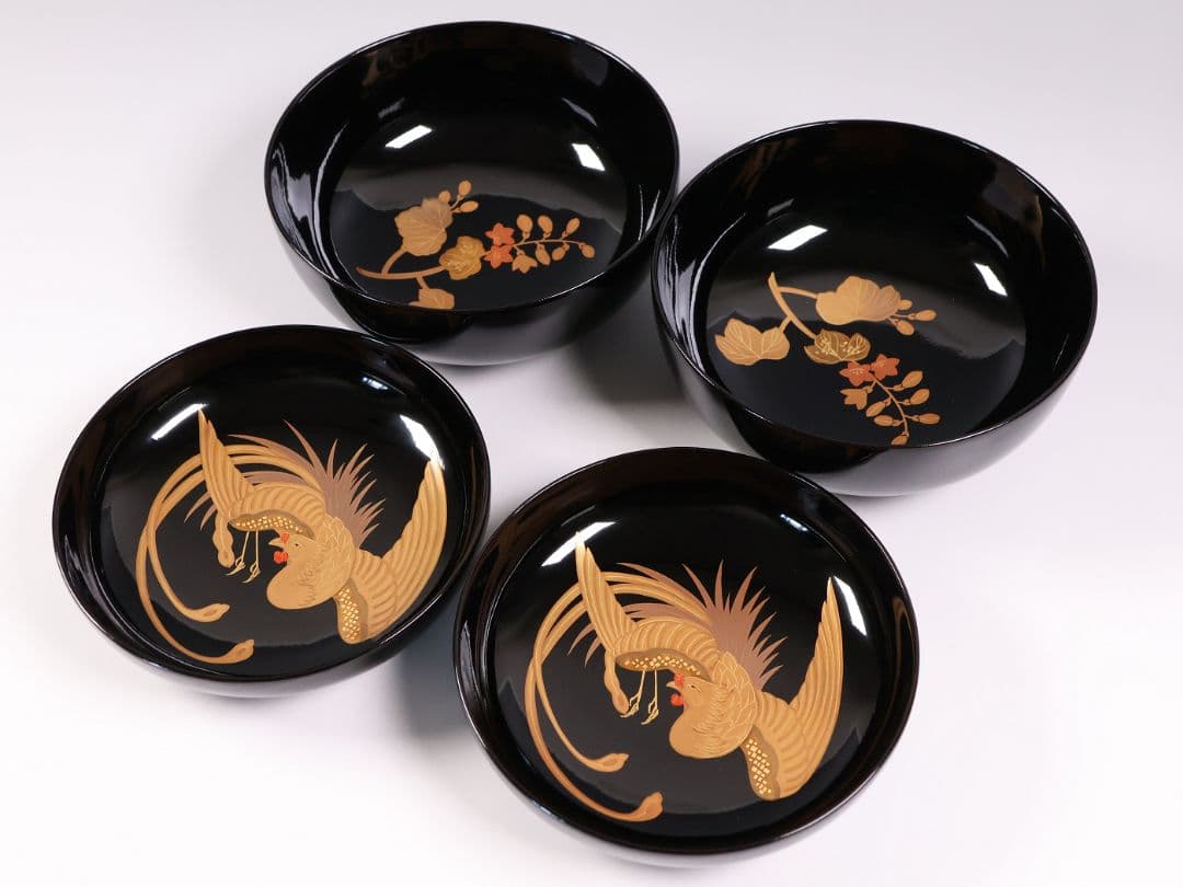 CM397】天然木漆塗 菊桐鳳凰金蒔絵 黒塗 煮物椀 二客 昭和期 木製漆器