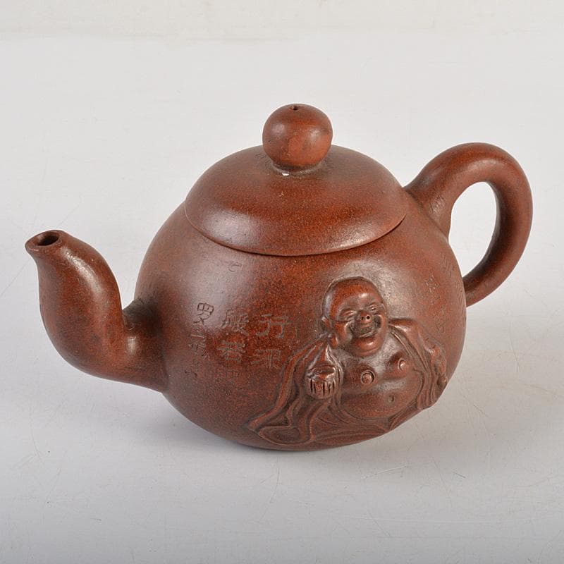 中国　紫砂　朱泥　漢詩布袋像文　急須　茶壷　在銘　N　6667