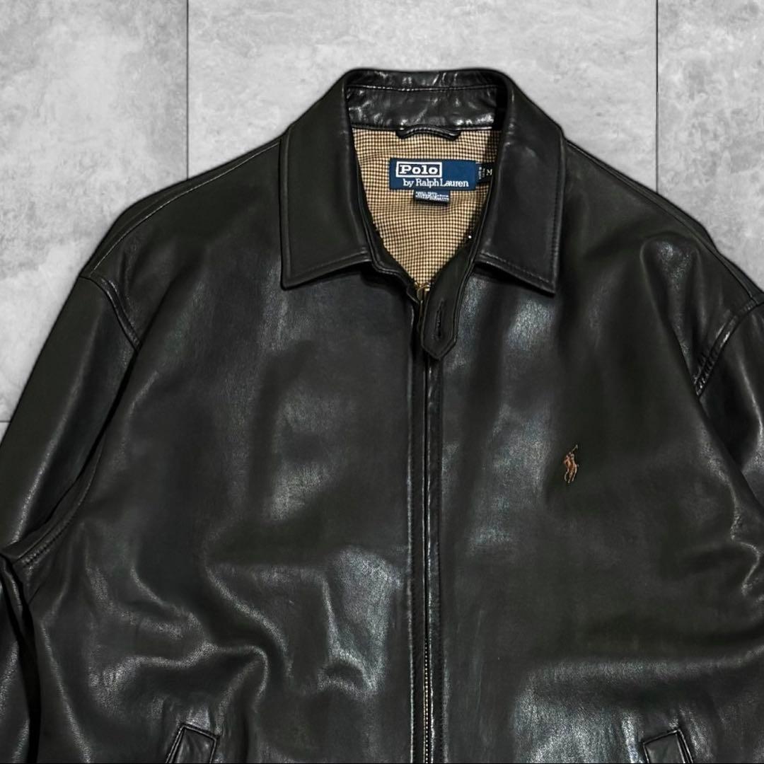 希少 90s ポロラルフローレン レザージャケット M ブラック ホースロゴ刺繍 希少 当時物 ラルフローレン レザースイングトップ 刺繍ロゴ M