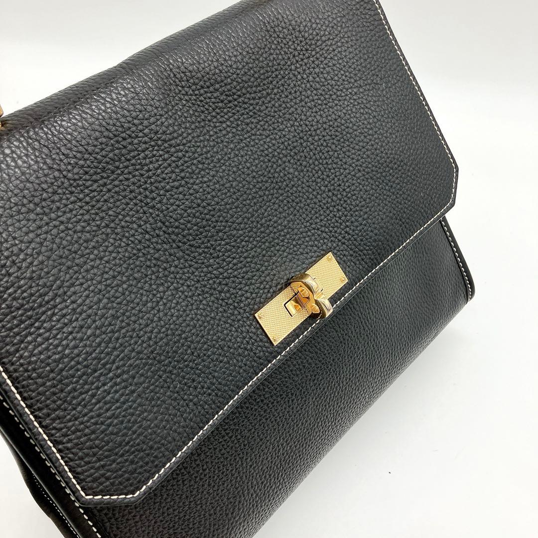 美品 BALLY ハンドバッグ Bターンロック ブラック シュリンクレザー
