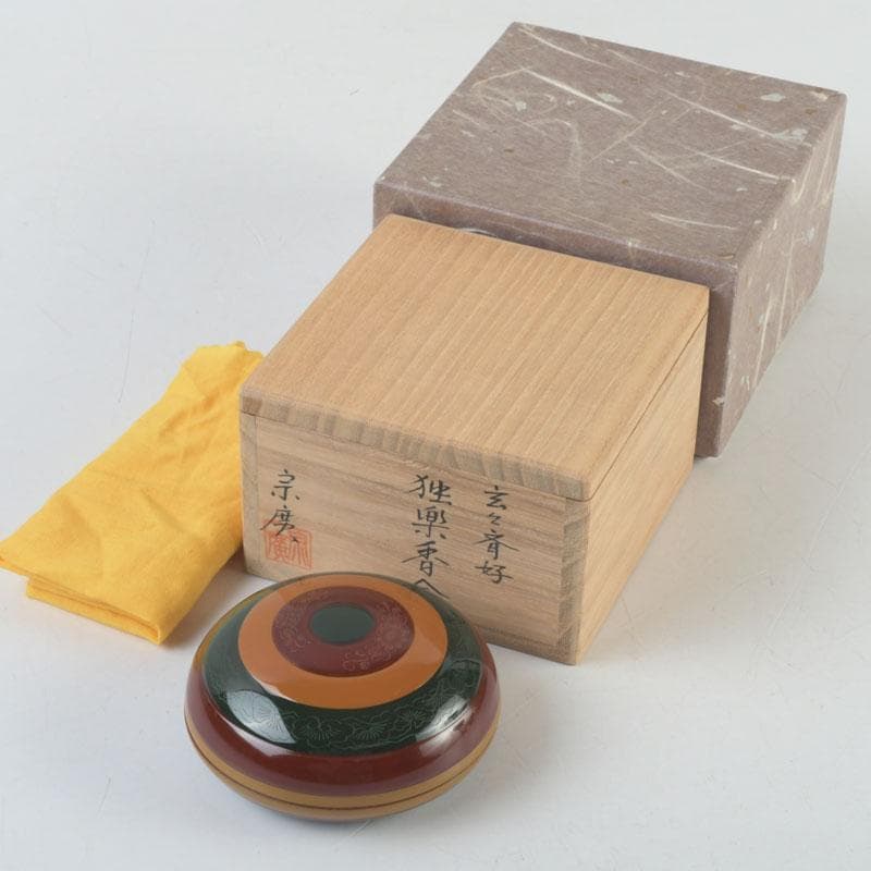 茶道具　山中塗　道場宗廣作　玄々斎好　独楽塗香合　共箱　V　9539 茶道具 山中塗 道場宗廣作 玄々斎好 月日貝蒔絵 香合 共箱 V 6015