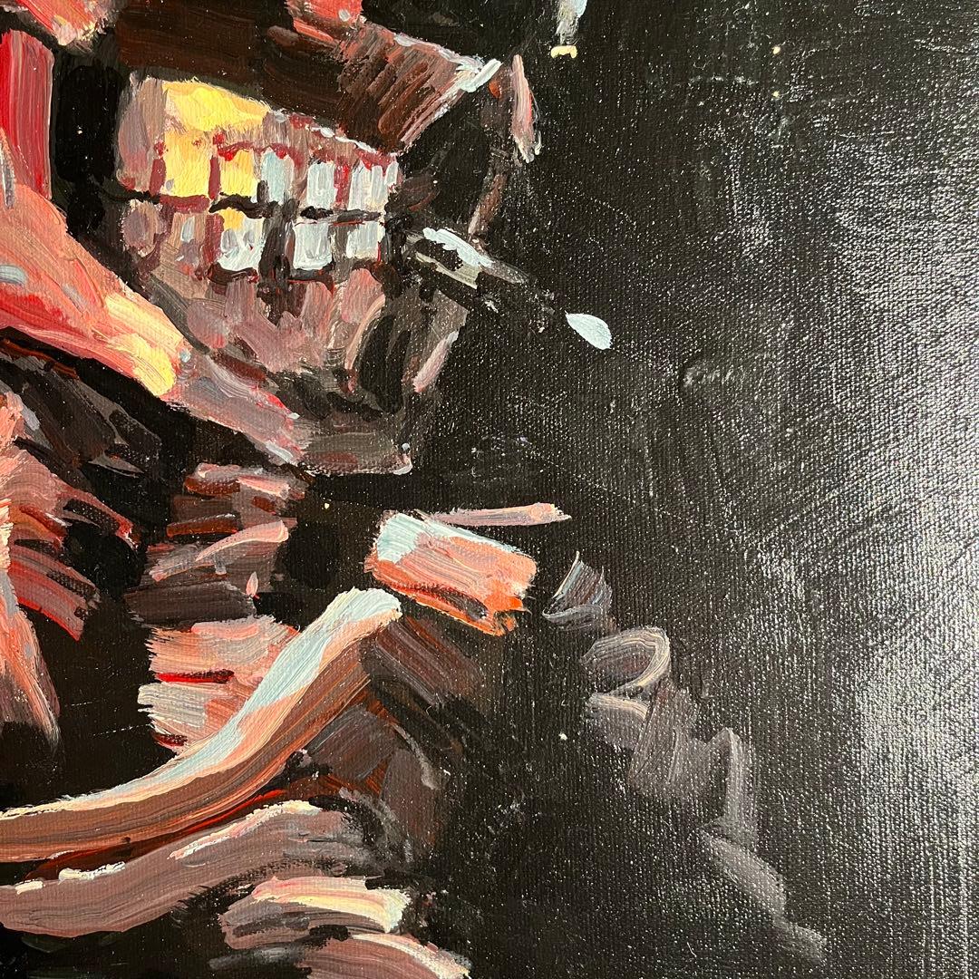 ☆秀作☆手書き油絵 ゴッホ タバコを咥えた骸骨 額付き 肉筆絵画 油彩