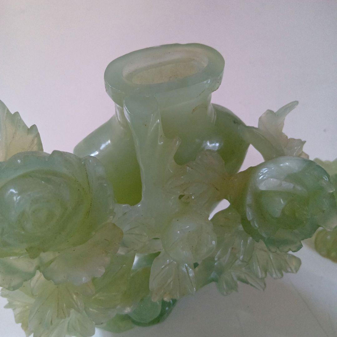 特大26cm 玉 彫刻花瓶 牡丹透かし彫り縁起物 中国美術 台座付 分離式
