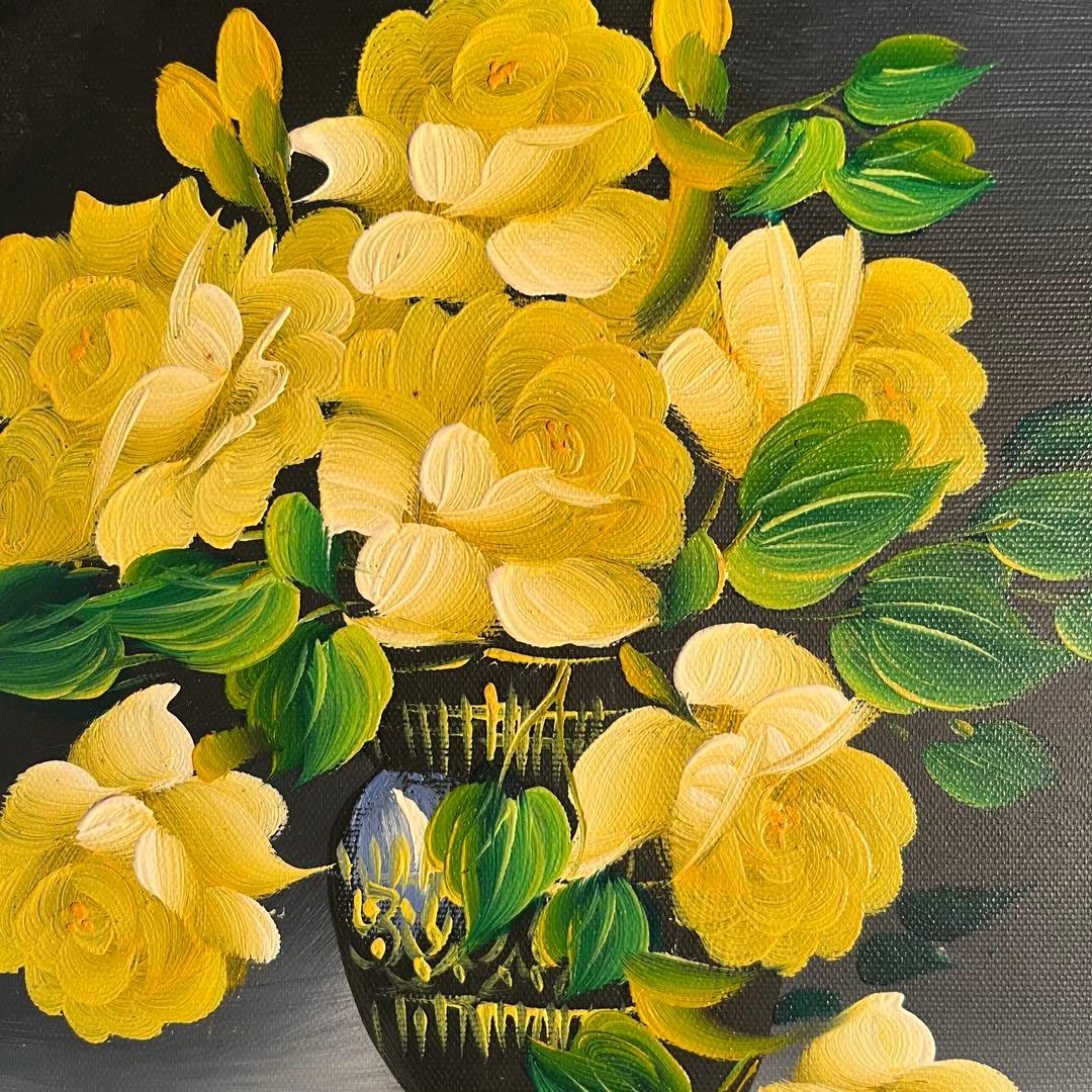 手書き油絵 花瓶のバラ イエロー 額付 肉筆絵画 インテリア 油彩画
