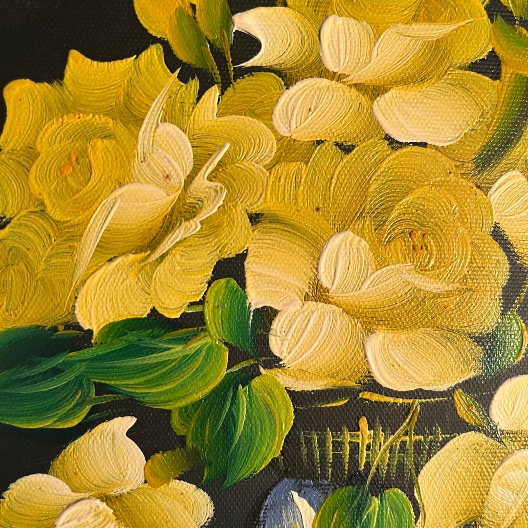 手書き油絵 花瓶のバラ イエロー 額付 肉筆絵画 インテリア 油彩画
