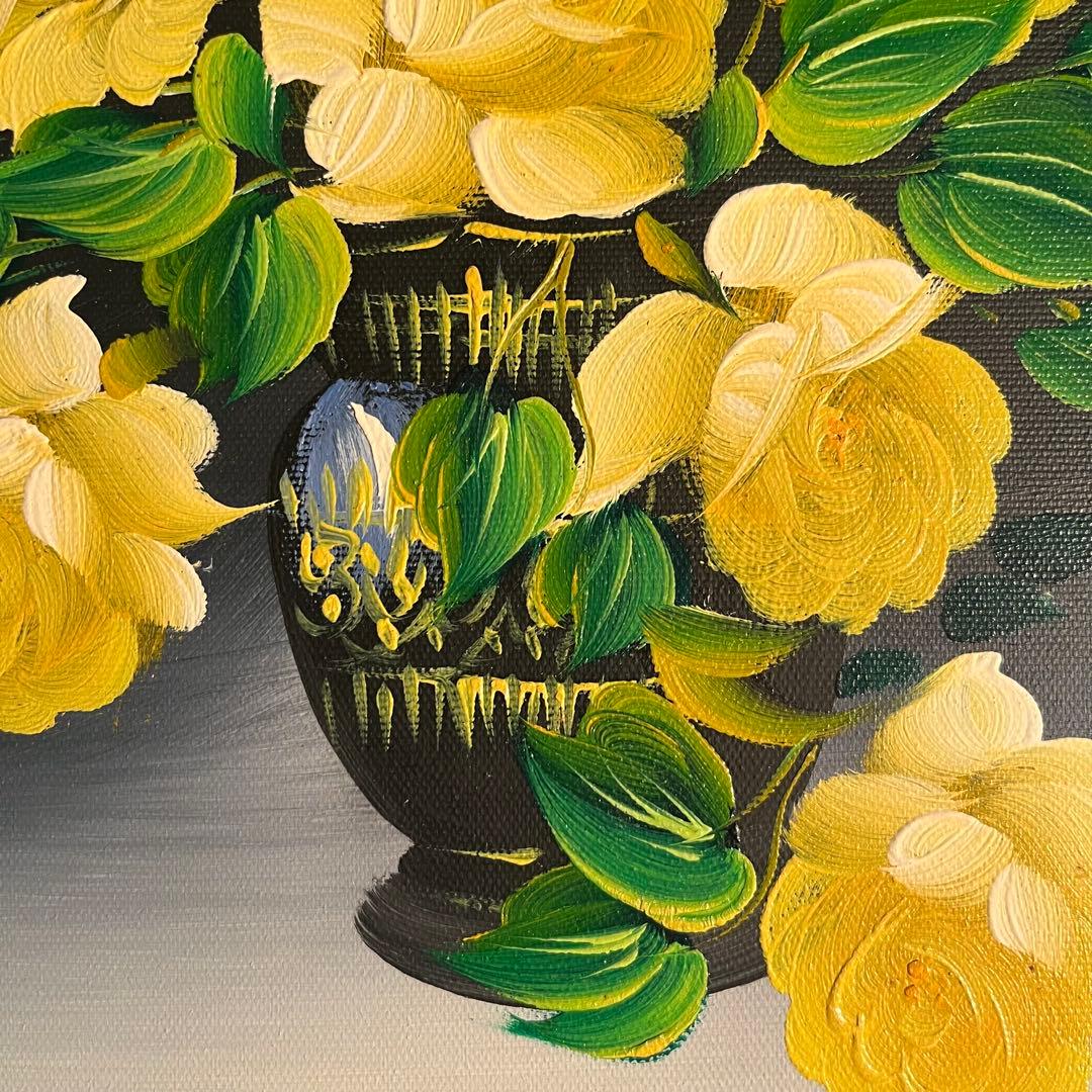 手書き油絵 花瓶のバラ イエロー 額付 肉筆絵画 インテリア 油彩画