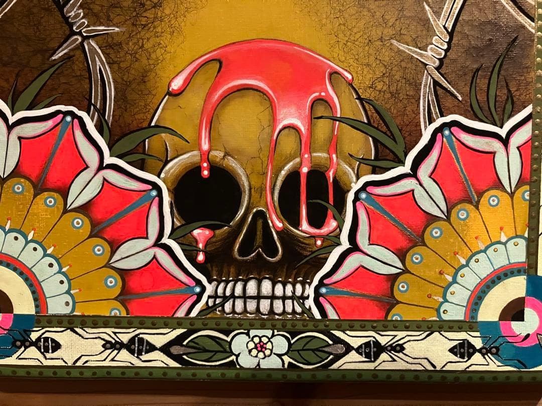 現代アート 油彩画 肉筆 一点物 スカル ピクセルハート F6号相当 ガレージ