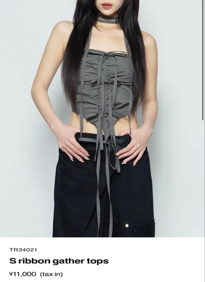 THEREDTHREAD S ribbon gather topsグレー THEREDTHREAD / ザレッドスレッド】S ribbon gather tops