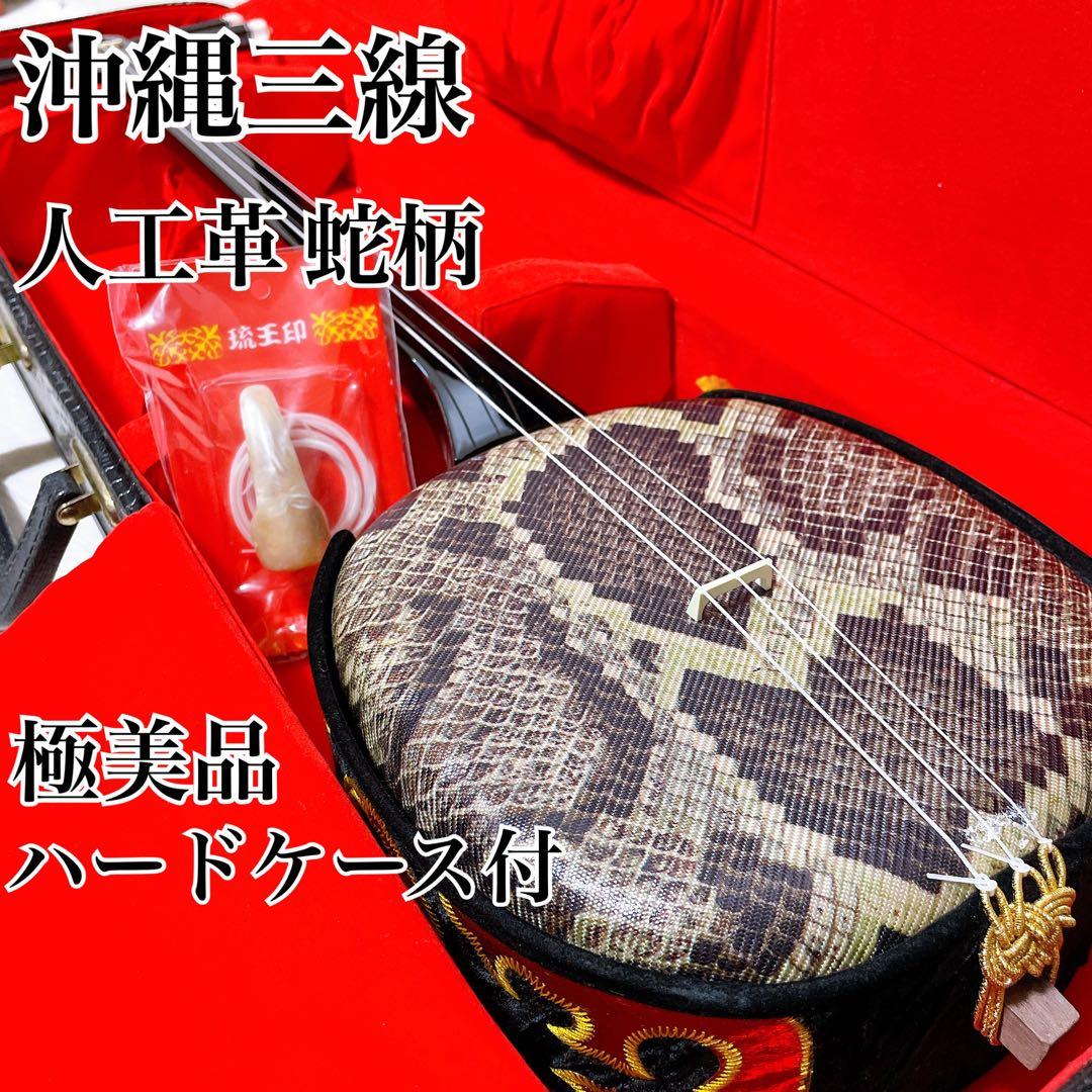 【極美品】沖縄三線 人工皮 蛇柄 沖縄三味線 和楽器 ハードケース 教本付