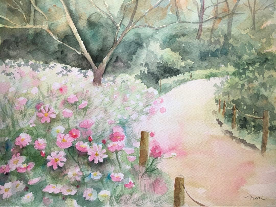 透明水彩画原画風に揺れるコスモスたち