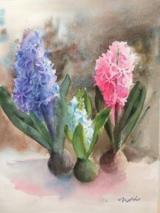 水彩画原画ヒヤシンス ヒヤシンス＊額装付き手描き水彩画＊ ☆マットカラーは選べる2色