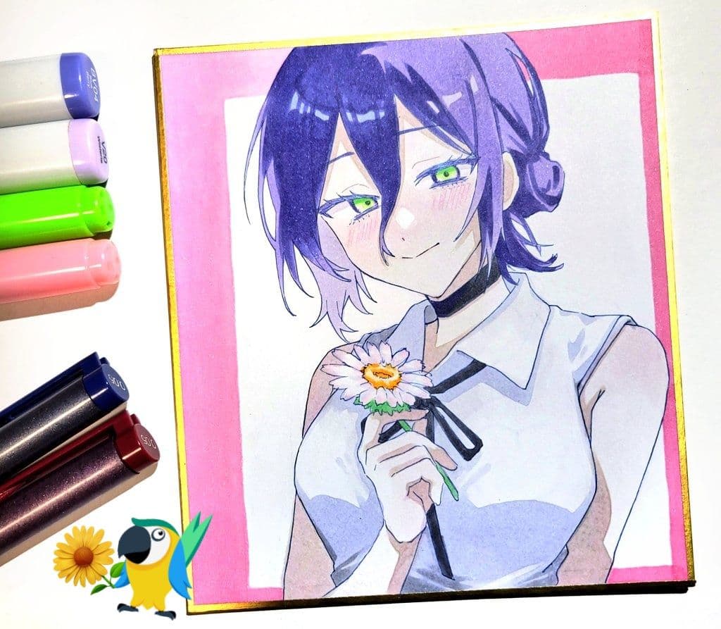 ラ*プ様 レゼ 手描きイラスト ファンアート チェンソーマン 色紙