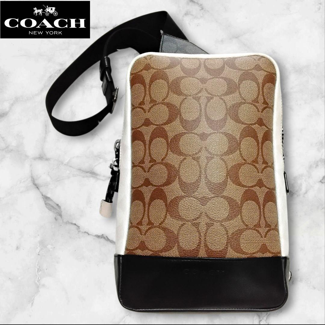美品　コーチ　ボディバッグ　ウエストポーチ　斜め掛け　メンズ　総柄　クロスボディ