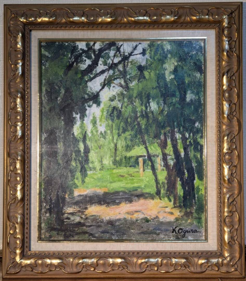 【真作】絵画　油彩8号　水之公園　風景画　洋画　木々の静けさ　印象派風　W40
