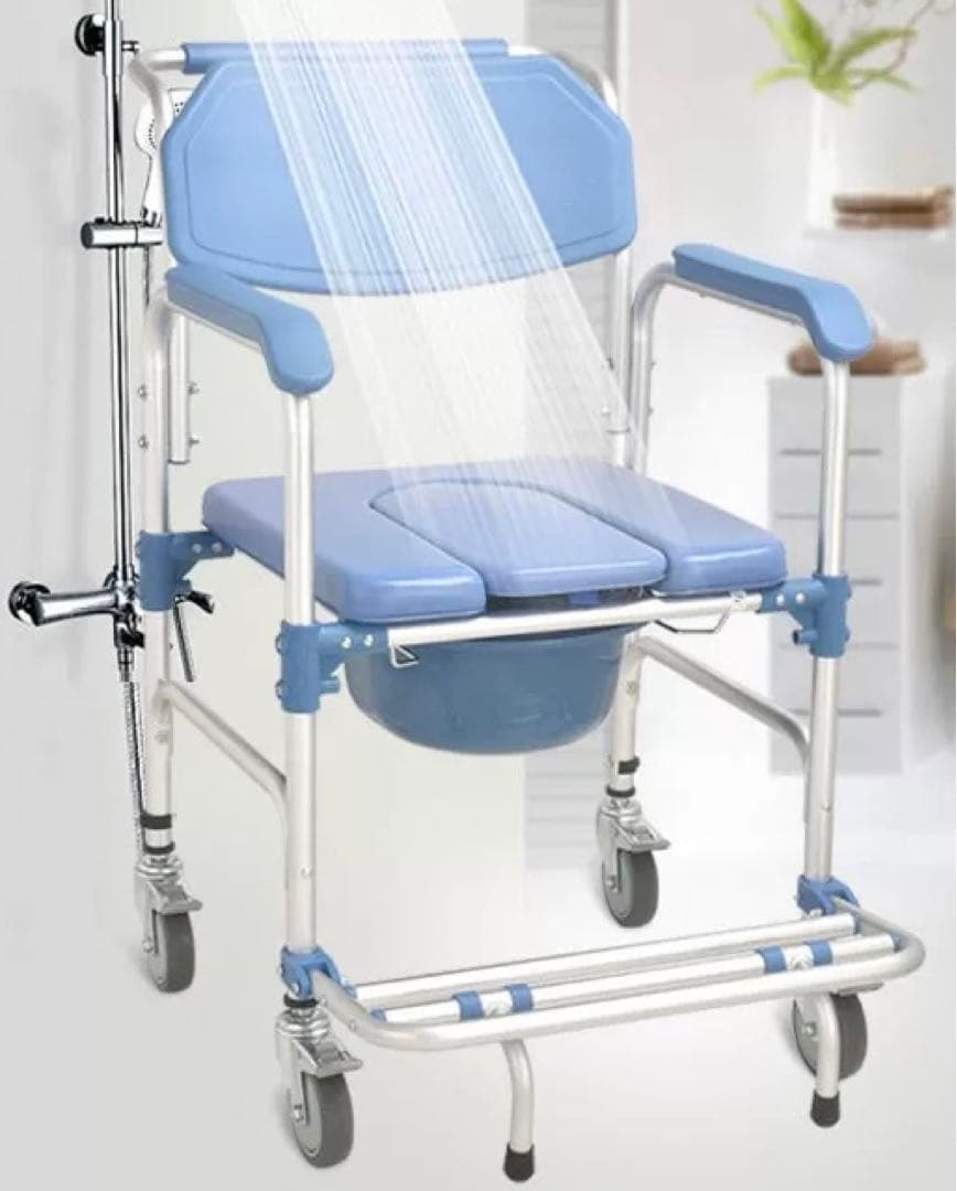 介護用風呂トイレ椅子 折りたたみ式 青色 アルミ製 肘掛はね上げ可